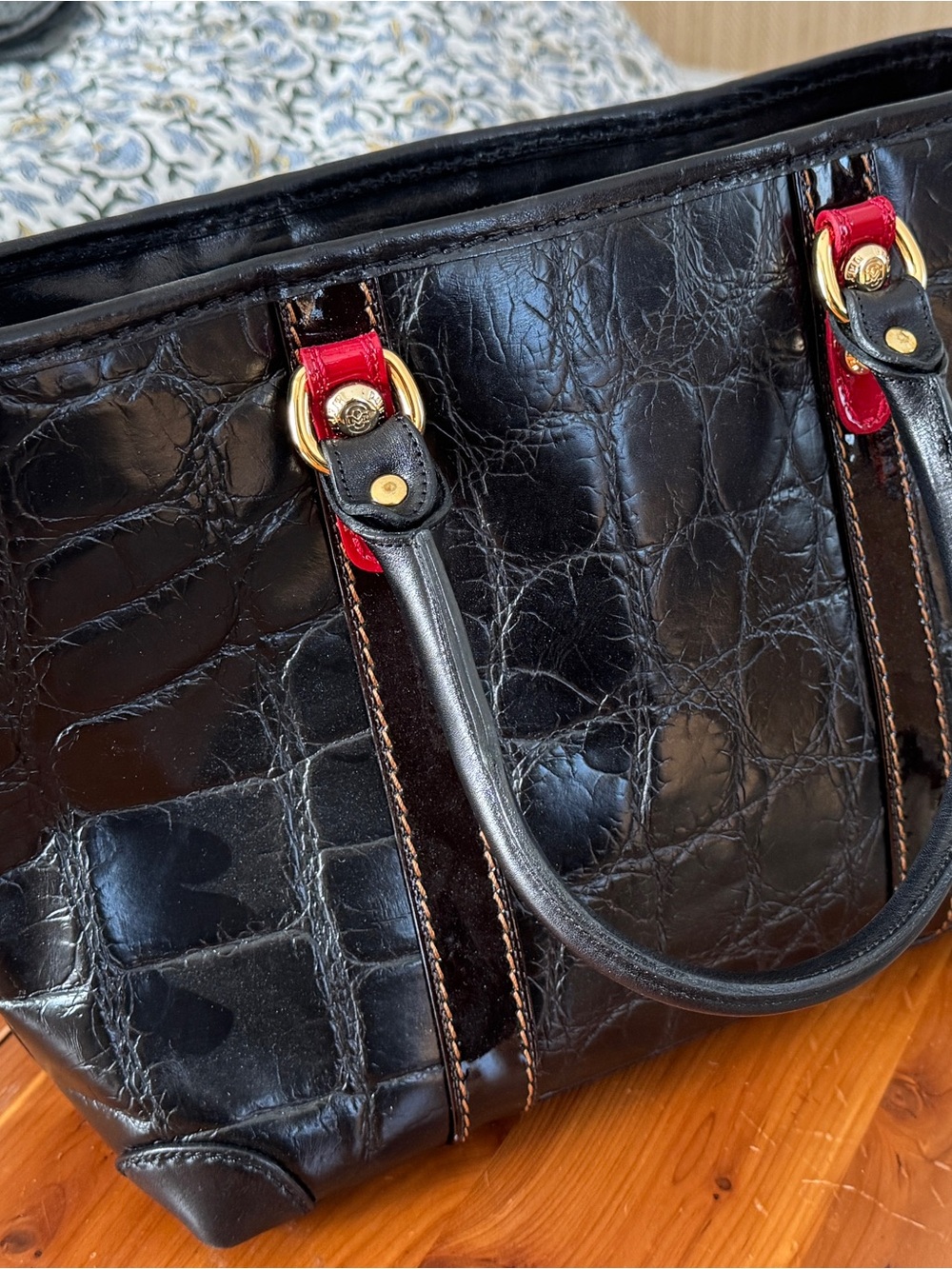 Marino Orlandi Black Croc-Embossed Tote with Red Trim